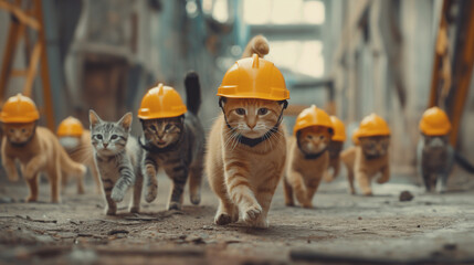 Funny kittens in construction helmets marching like a serious work crew