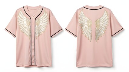 Obraz premium Mockup A light pink baseball jersey with embroidered wings on the front and back, displayed against a white background.
