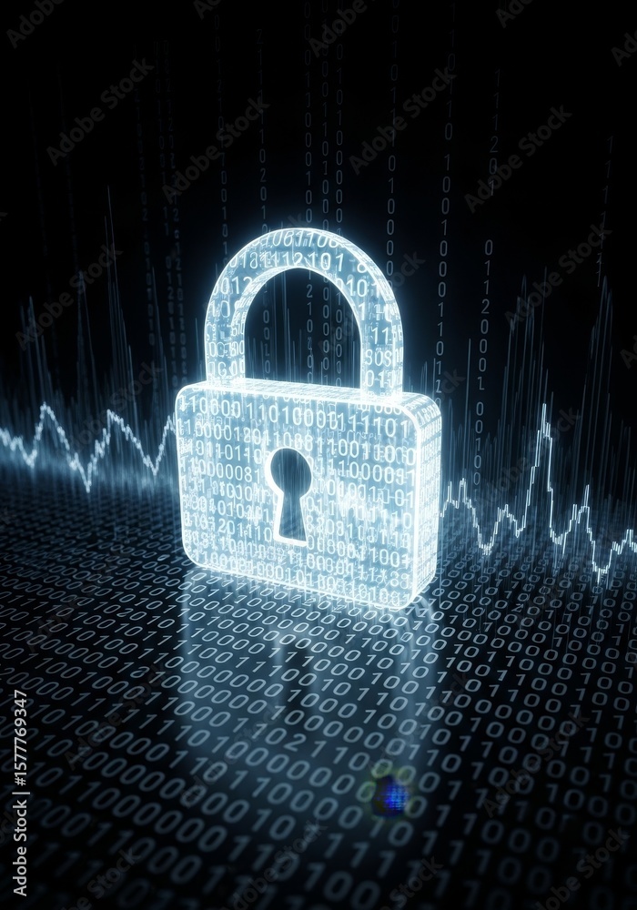 Poster security lock - a glowing padlock composed of binary code, symbolizing data protection and cybersecu