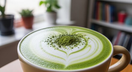 Serene Matcha Latte Art - A calming of a matcha latte with heart-shaped latte art, symbolizing peace, tranquility, nature, wellness, and a moment of calm
