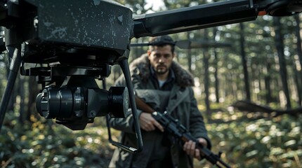 Armed man aiming at drone in forest with tactical outfit  