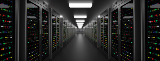 Server room data center. Backup, hosting, mainframe, farm and computer rack with storage information. 3d render