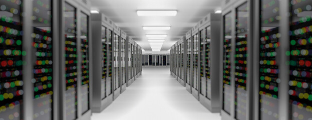 Server room data center. Backup, hosting, mainframe, farm and computer rack with storage information. 3d render