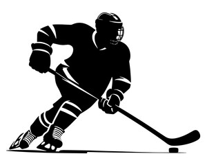 A hockey player in a dynamic black and white silhouette