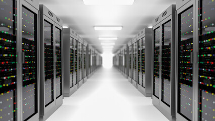Server room data center. Backup, hosting, mainframe, farm and computer rack with storage information. 3d render