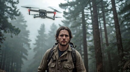 Fototapeta premium Armed man hunting in forest with drone flying overhead 