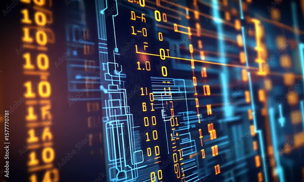 Poster Abstract background with a digital circuit board and binary code. High-tech technology concept. Digital rendering of computer chips, data transfer, 