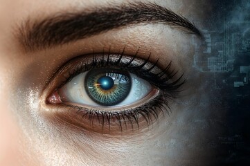 Obraz premium Close-up of human eye with digital background and intricate details 