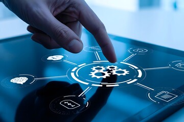Human finger interacting with digital interface showing interconnected technology icons
