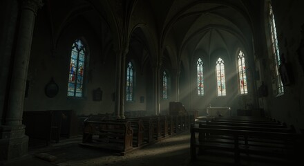 Fototapeta premium Interior of an ancient church with stained glass windows and light rays 