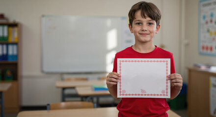 Young boy smiling while holding a certificate in classroom setting
