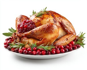 Roasted turkey with cranberry sauce and herbs for thanksgiving dinner