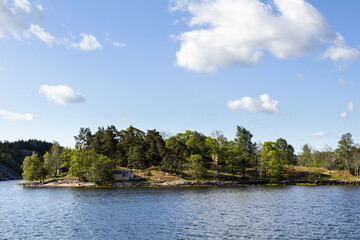Obraz premium Stockholm archipelago green trees forest island in Baltic sea. Sunny spring summer day boat view with blue sky in Sweden. Typical scandinavian and Nordic nature landscape scenery.