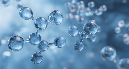 Models of hydrogen molecules floating against blue background - H2 scientific element