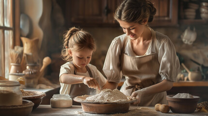 Mother and daughter baking together at home in a cozy rustic kitchen, preparing dough with flour and smiling
