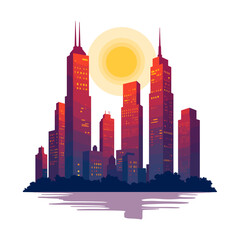 Obraz premium Urban skyline at sunset with buildings reflected in water 