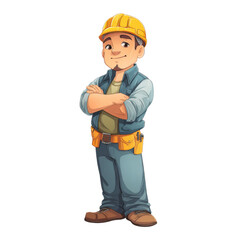 Cheerful construction worker character in hard hat with crossed arms, representing safety and professionalism in the construction industry