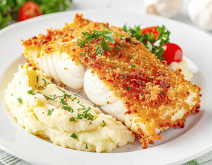 Panko crusted cod with mashed potatoes. AI