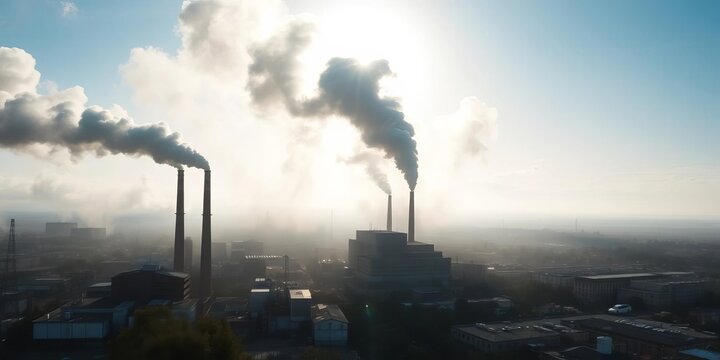 Thick black smoke billowing from industrial chimneys obscures a sun-drenched city, creating a dense smog, factory stacks, power plant