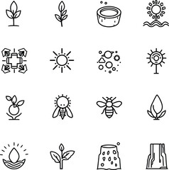 Fototapeta premium Plant & Pollinator Cycle Monochrome Nature Icons Featuring Sprouts, Bees, Flowers, Soil, Leaves, and Sunbursts in Growth-Driven Composition