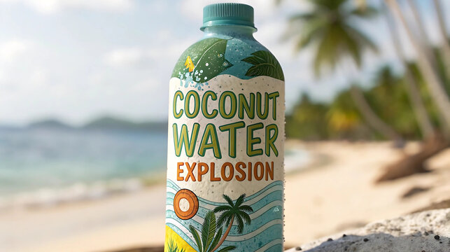A bottle of coconut water with playful label branding placed on sandy tropical beach with palm trees and blue ocean. - Powered by Adobe