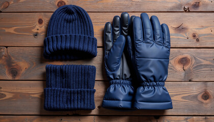 Navy hat and gloves set on wooden background  