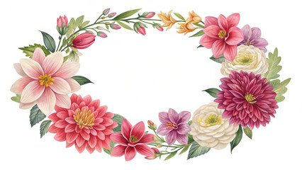 Fototapeta premium Oval floral frame with pink dahlias, roses, and various flowers on a white background art illustration vreated with genrated ai