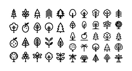 Trees Line Icon Set – Thin Linear Vector Pictograms of Roots, Branches, Leaves, Fruits, Apple Tree, Orange Tree, Evergreen, and Tropical Tree Types