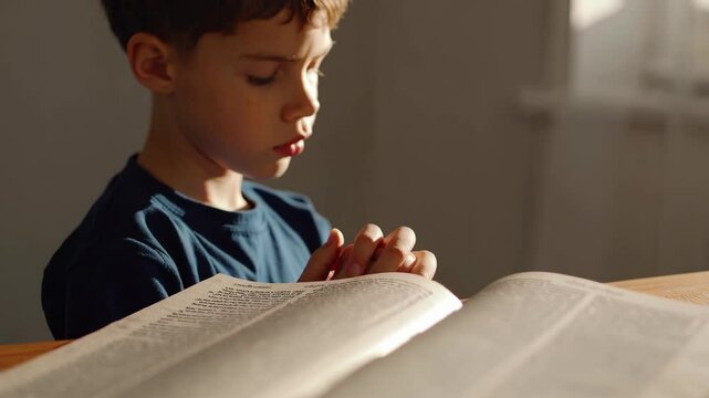 Close up the bible with a boy praying in morning at home