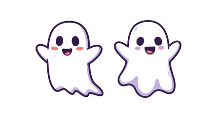 Obraz premium Two cute and happy cartoon ghosts smiling and waving on a white background
