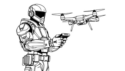  futuristic soldier operating a drone, suitable for themes of military technology, robotics, innovation, and security in digital and print media.