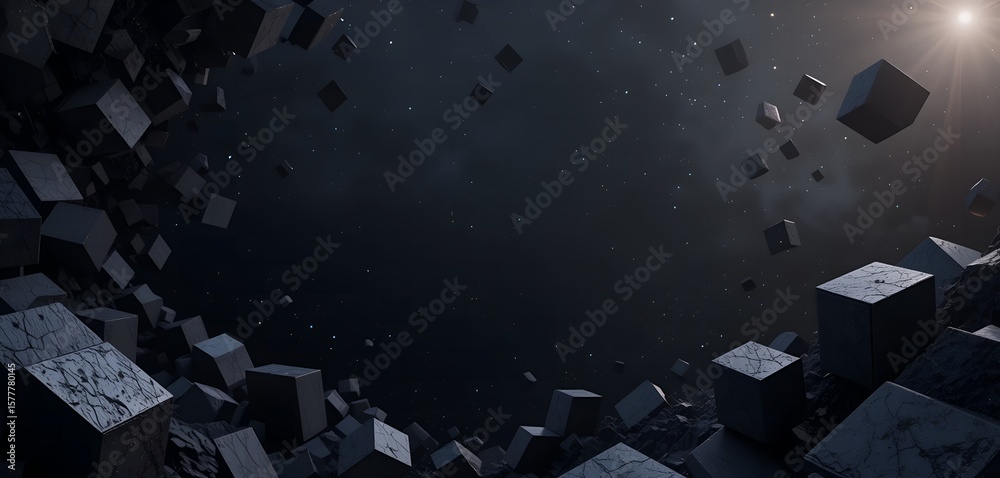 Fototapete a conceptual display of floating geometric shapes set against a cosmic backdrop, ideal for modern de