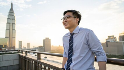 Fototapeta premium Happy Asian man smiles, overlooking an urban city skyline with tall buildings under a bright sky during the day