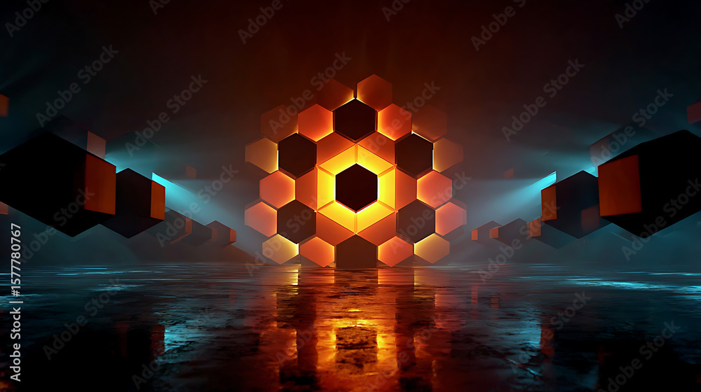 Fototapete a futuristic room with a glowing hexagonal pattern reflecting on the floor