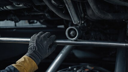 Mechanic using diagnostic equipment while repairing a car in garage  