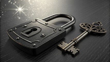 A close up of an ornate metal padlock and a decorative key on a dark surface with sparkles around it vreated with genrated ai