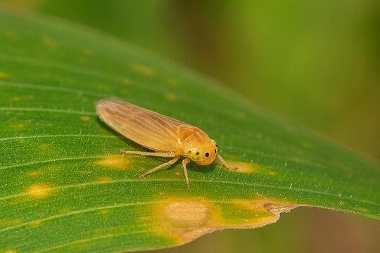Corn leafhopper (Dalbulus maidis) macro view on corn leaf