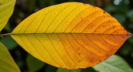 Obraz premium Close up of a vibrant yellow and orange leaf showing delicate vein structure detail