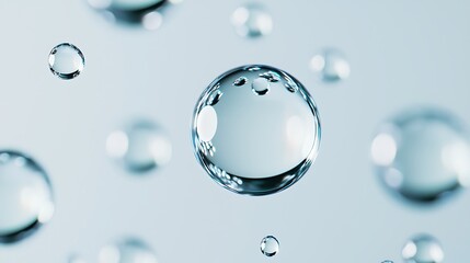Transparent water droplets suspended in mid-air against a soft blue background, highlighting surface tension and light reflections.