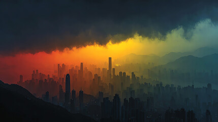 A dramatic skyline under a colorful stormy sky, showcasing urban architecture and nature's breathtaking colors.