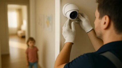 Installing home security camera residential area action shot indoor close-up safety awareness