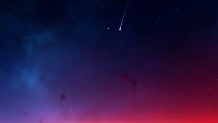 Naklejka premium A solitary shooting star streaks across a vibrant twilight sky with colorful clouds