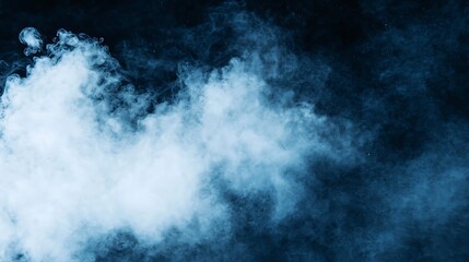 A dense, swirling cloud of white smoke or mist against a dark blue background.