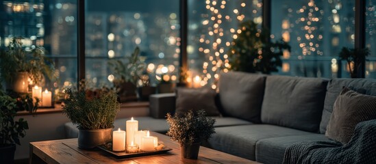 Cozy apartment living room at night, illuminated by candles and fairy lights against a cityscape backdrop