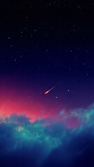 Fototapeta premium Fiery meteor streaks across a starry night sky above colorful clouds