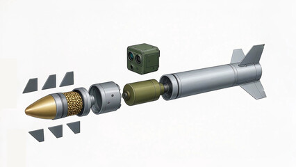 Exploded View of Surface-to-Air Missile System with Internal Components on White Background