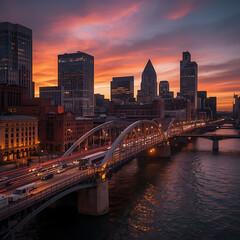 Obraz premium At sunset, the downtown district of Cincinnati, Ohio, USA, is a popular American travel destination, adorned with brightly illuminated skyscraper buildings and driving cars on the Daniel Carter Beard 