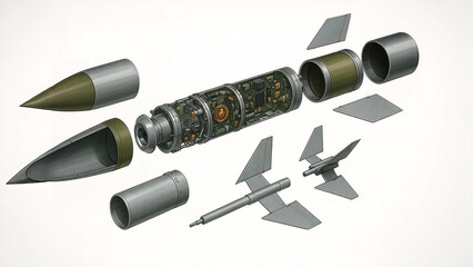 Exploded View of Surface-to-Air Missile System with Internal Components on White Background