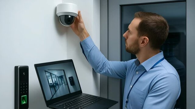 Security camera installation process office building instructional video indoor setting close-up view technology setup