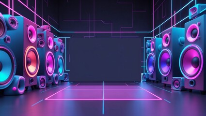 Vibrant Neon Techno Art Presentation Background with Retro and Futuristic Speakers